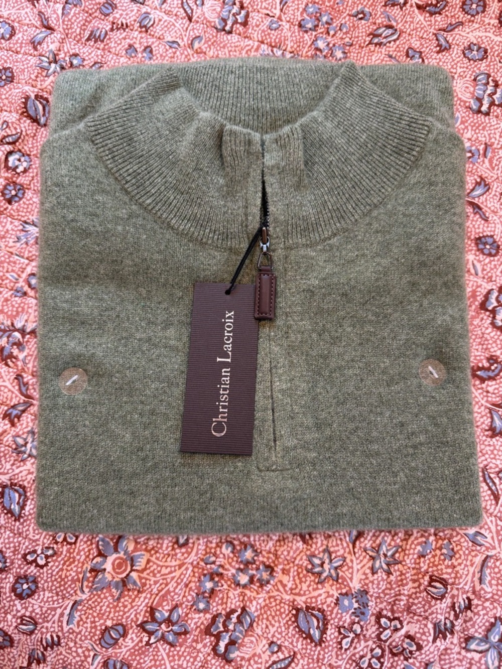 Christian Lacroix Olive Green Quarter-Zip Knit Sweater